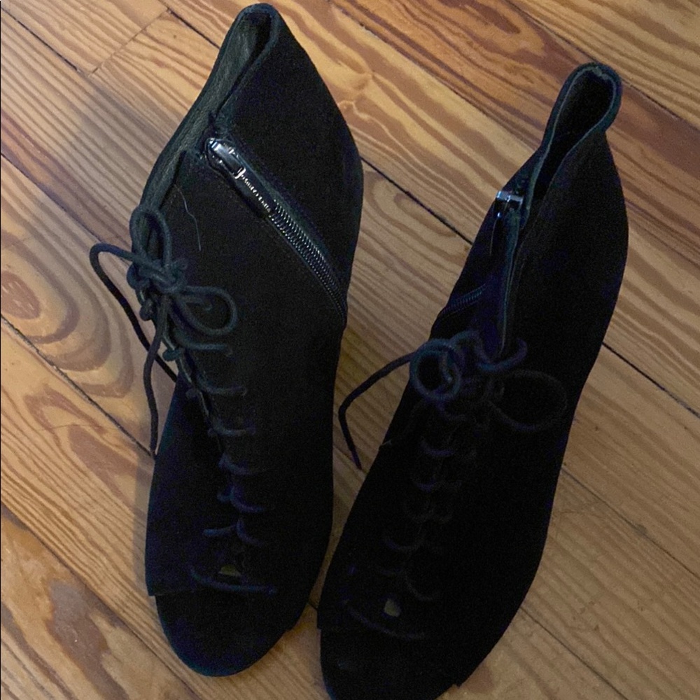 Black Lace Up Boots with Textured Fabric and Rounded Toe